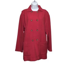 VTG The J Peterman Co Fleece Sweater Jacket Womens M Red Double Breasted Pockets