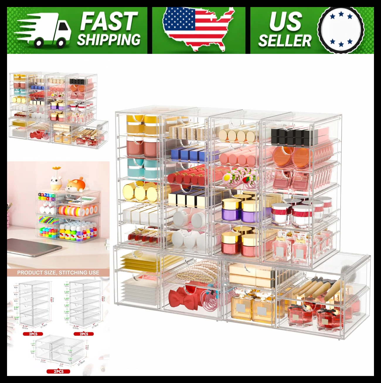 Clear Makeup Organizer Storage with 30 Drawers, 6-Piece Desk Organizer