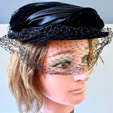 Vintage Black Velvet Satin Pillbox Hat Veil 1950s 60s Cocktail Formal