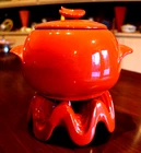 Vintage Frankoma Pottery Flame Orange Soup Tureen Bean Pot w/ Warmer Stand-3pc