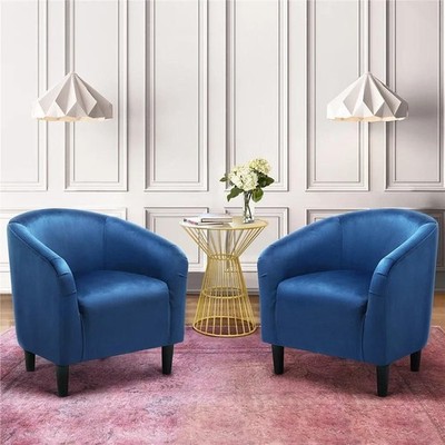 Elegant Pagodga Tub Chairs Blue Velvet Upholstered Accent Living Room Set Of 2