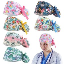 6 PCS Scrub Cap Women Doctor Nursing Hat Button Adjustable Tie Back Bouffant