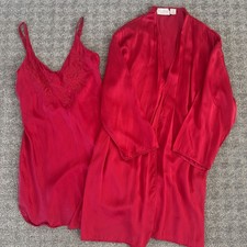 Vintage 90s Victoria's Secret Nightgown Robe Set Womens S Red Floral Satin Silk
