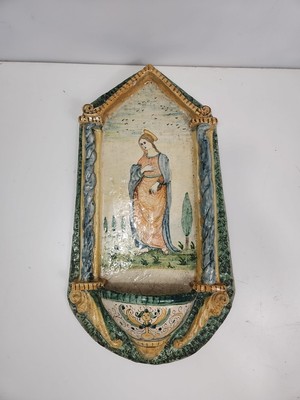 Majolica Holy Water Font Large Features Virgin Mary Antique 