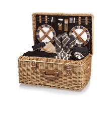 Windsor Luxury Wicker Picnic Basket, Deluxe Set for 4, Navy Blue .  New!