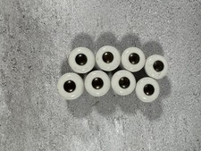 Vintage Set of 8 White Porcelain Cabinet Knobs Brass Tone Centers 1 Inch