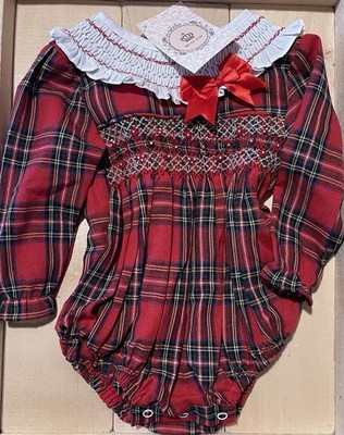NWT BEAU KID Baby Girl Ruffle Bow Collar Smocked Romper Red Green Plaid 9-12M