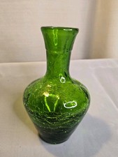 Vintage Green Crackle Glass Vase Handblown Glass 5"
