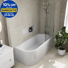 J Shaped Shower Bath Right Hand Bathtub 1700mm with Front Panel & Screen Acrylic