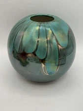 Neilsen’s Extraordinary Ceramics Vase Teal Iridescence & Gold Detail Signed 87