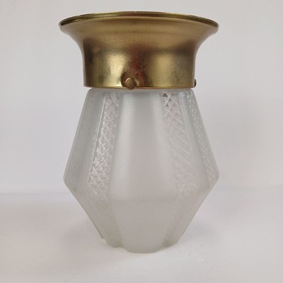 Vtg 60s 70s Flush Mount Ceiling Light Frosted MCM Art Deco Brass Progressive