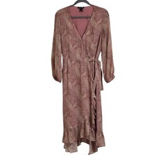 Sanderson x PAIGE Wrap Dress Womens Small Lipstick Pink Tan Paisley Silk Ruffle
