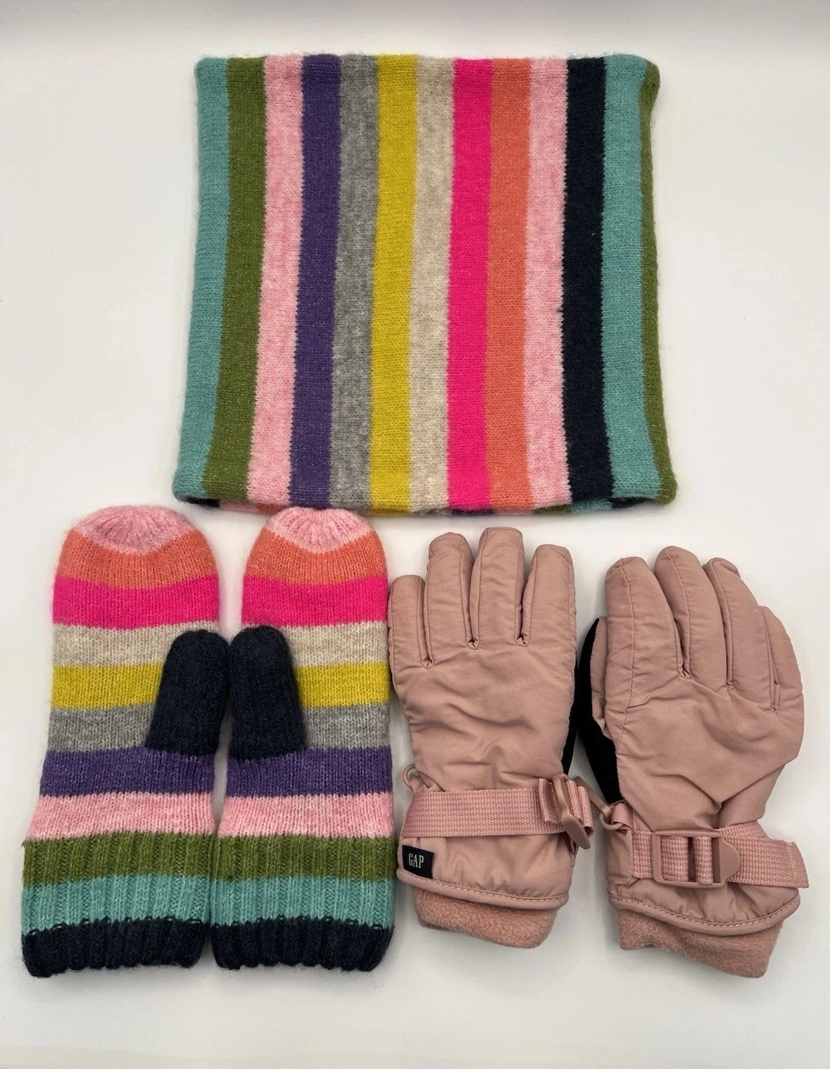 GapKids Bright Stripes Knit Winter Set Neck warmer Mittens Snow Gloves Girls 7/8