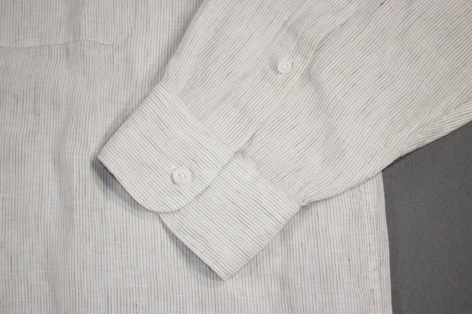 Jos. A. Bank Shirt Men's XL 100% Linen Reserve Button Vertical Pinstripe Beige - Image 2 of 4