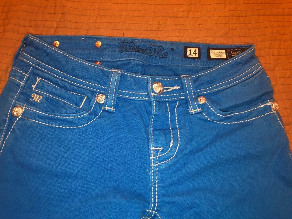Pantalones capri azul brillante Miss Me Girls talla 14 bling bolsillo cruz Foto 4 de 4