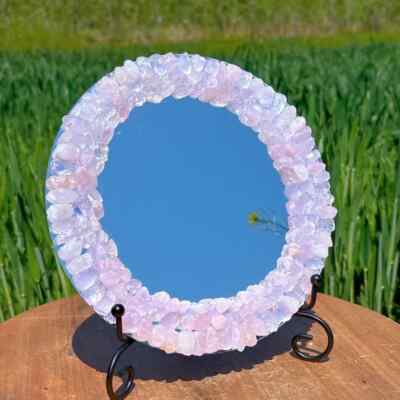 ''Crystal Wall Mirror   Natural Pink Rose Quartz & Agate Living Room Decor''