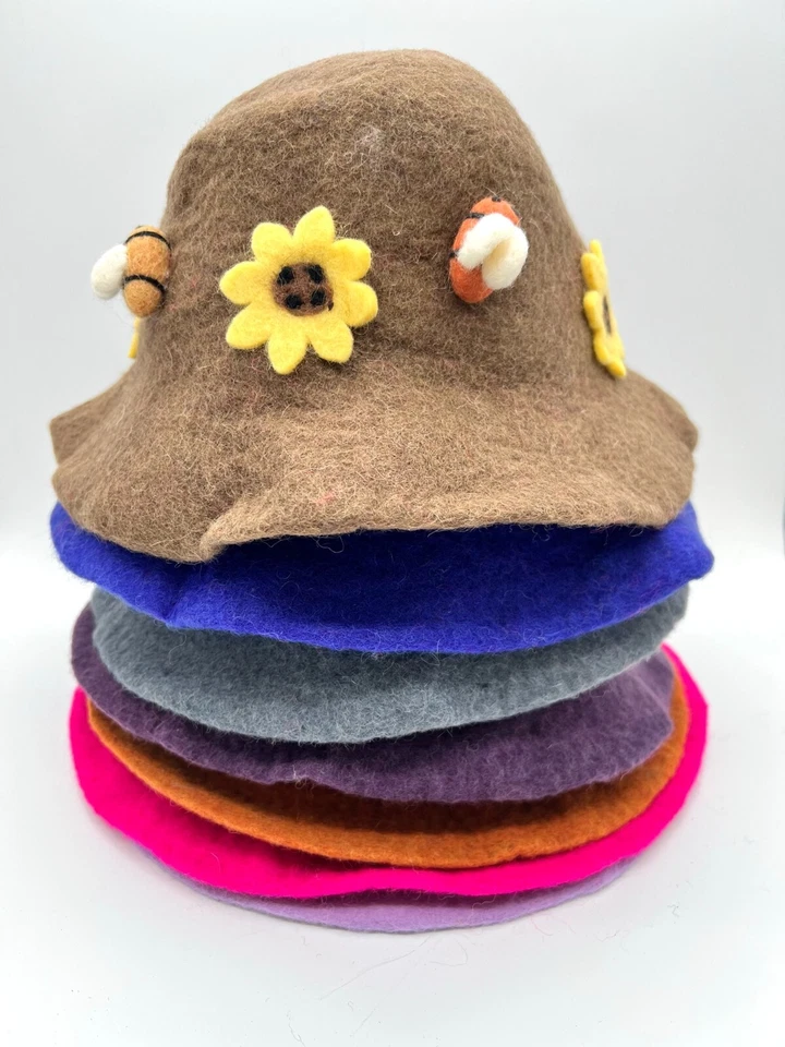 Chapéu balde feminino feito à mão 100% lã feltro lã girassol abelhas presente inverno sistema operacional - Imagem 2 de 4