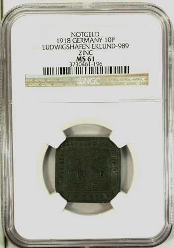 Germany 10 Pfennig 1918 NGC MS 61 UNC Zinc City of Ludwigshafen Eklund-989