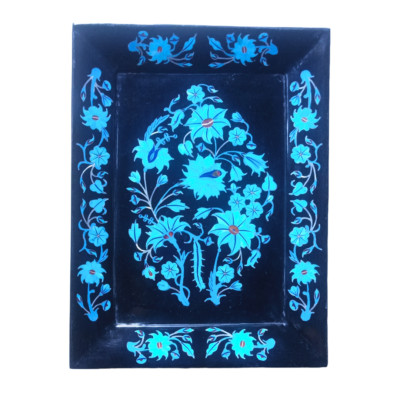 9''x12'' Black Marble Serving Tray Decor Floral Inlay Art Handmade Home Decore .