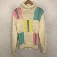 Vtg Hand Knit Sweater Womens Size S Colorblock Pastel Turtleneck Ski Gorpcore