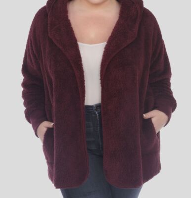 White Mark Women's Purple Hooded Open-Front Cardigan Jacket Plus Size 1XL/2XL