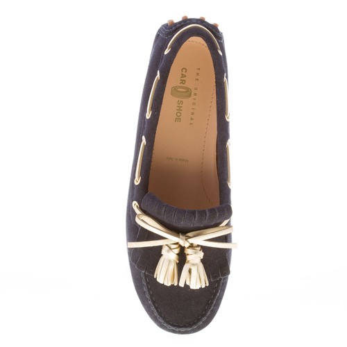CAR SHOE scarpe donna Mocassino driving camoscio blu frangia nappe oro - Foto 7 di 8