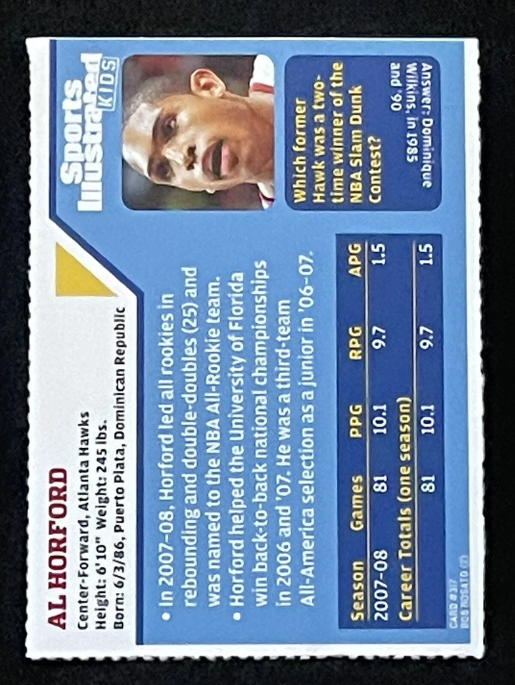 AL HORFORD ROOKIE 2008 Sports Illustrated for Kids SI #317 NBA Atlanta Hawks - Image 2 of 2