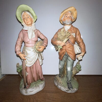 Vtg Homco Ceramic Figurines Farmers Man & Woman Homesteaders #8884 Elderly Pair