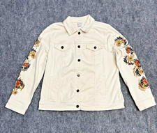 Chico's Women's Classic Embroidered Sleeves Denim Jacket Natural Cream Size 2