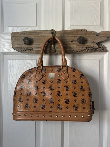 ALBA by CHUMA Studded Bowler Cognac Monogram Leather Satchel Handbag RARE - Picture 1 of 17