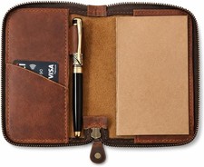 Leather Zippered Journal Cover, Pocket Notebook Full Grain Leather, Fits Tan