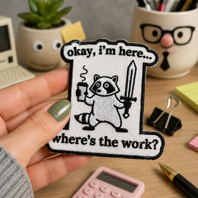 Funny Raccoon Embroidered Patch Okay Im Here Wheres The Work Office Meme Badge