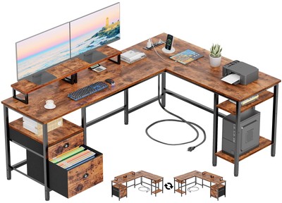 66  L Shaped Desk with Power Outlet, Reversible Computer Gaming Desk with Fil...