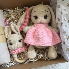 Handmade Baby Gift Set   Crochet Bunny, Rattle, Swaddle  Pacifier Clip
