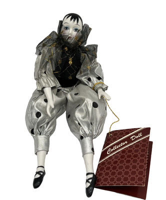Vintage Collector Porcelain Doll Harlequin Pierrot Black Silver Costume 10.5 