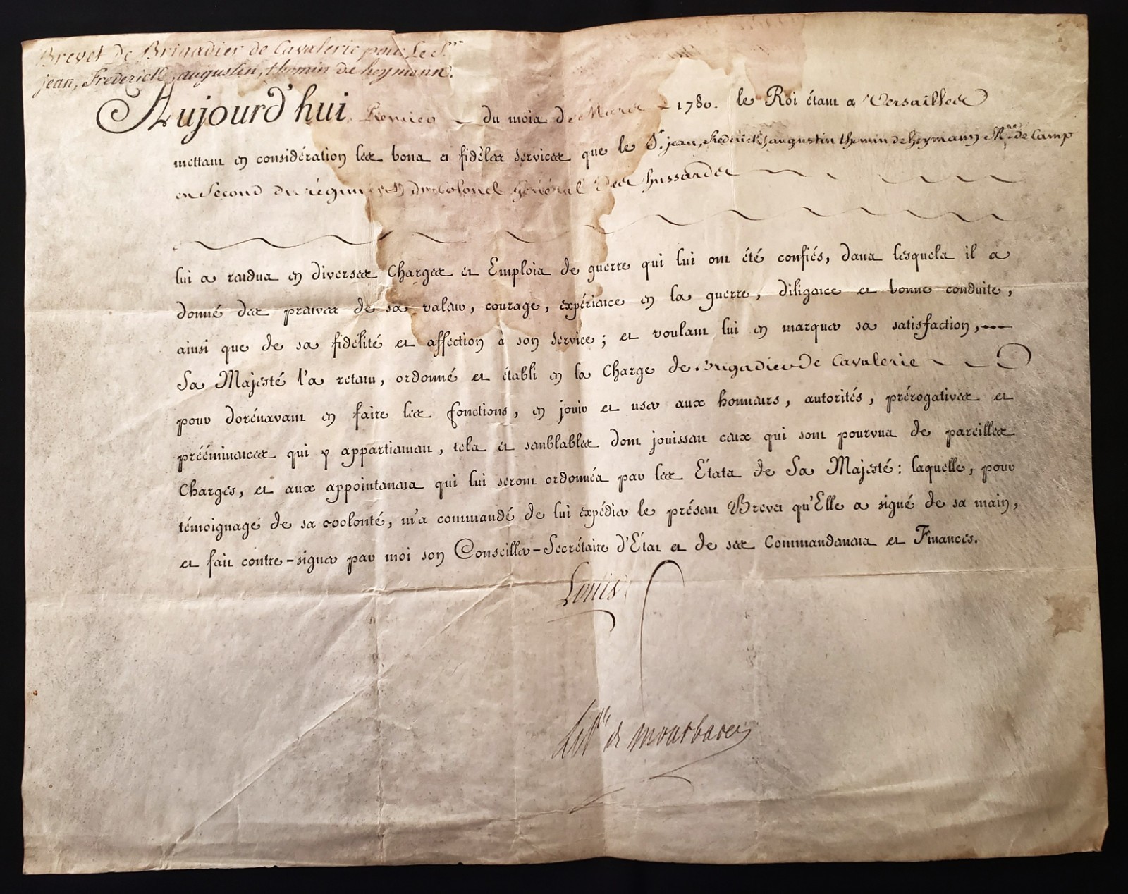 LOUIS XVI Signed Commission for Jean Frédéric Augustin Thomin de Heymann - 1780