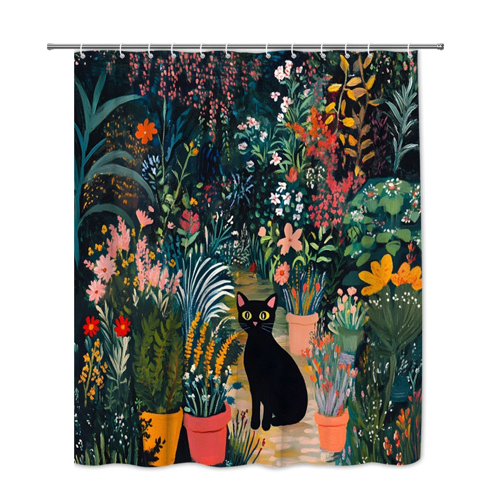 Cortina de ducha de jardín para gato negro colorida floral naturaleza obras de arte Foto 4 de 4