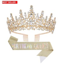 Birthday Tiara Crown with Sash for Women, Headband Hair Accessories Wedding