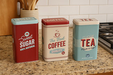 Multicoloured 3pc Tea Coffee Sugar Kitchen Storage Canister Pot Tins Jar Set