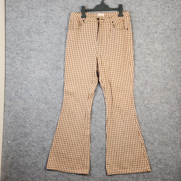 Ghanda Womens Flare Pants Size 12 Brown Cream Plaid High Waist Retro