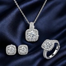 4-Piece Cushion Cut Zirconia Jewelry Set for Women, Necklace, Stud Earrings