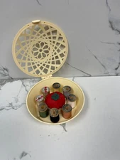 Vintage Sewing Basket Kit w/ Thread Spools & Tomato Pin Cushion Retro Craft