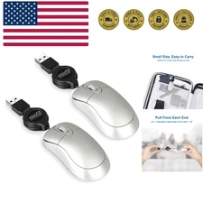 2 Pack Mini Retractable Cable USB Optical Mouse, White, Unisex