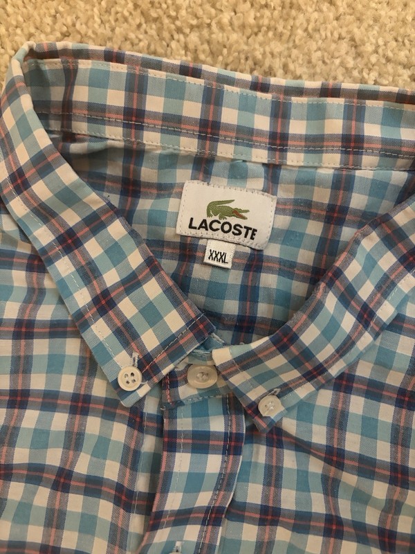 Lacoste Men's XXXL Blue/White/Red Plaid Button-Down Long Sleeve Cotton Shirt