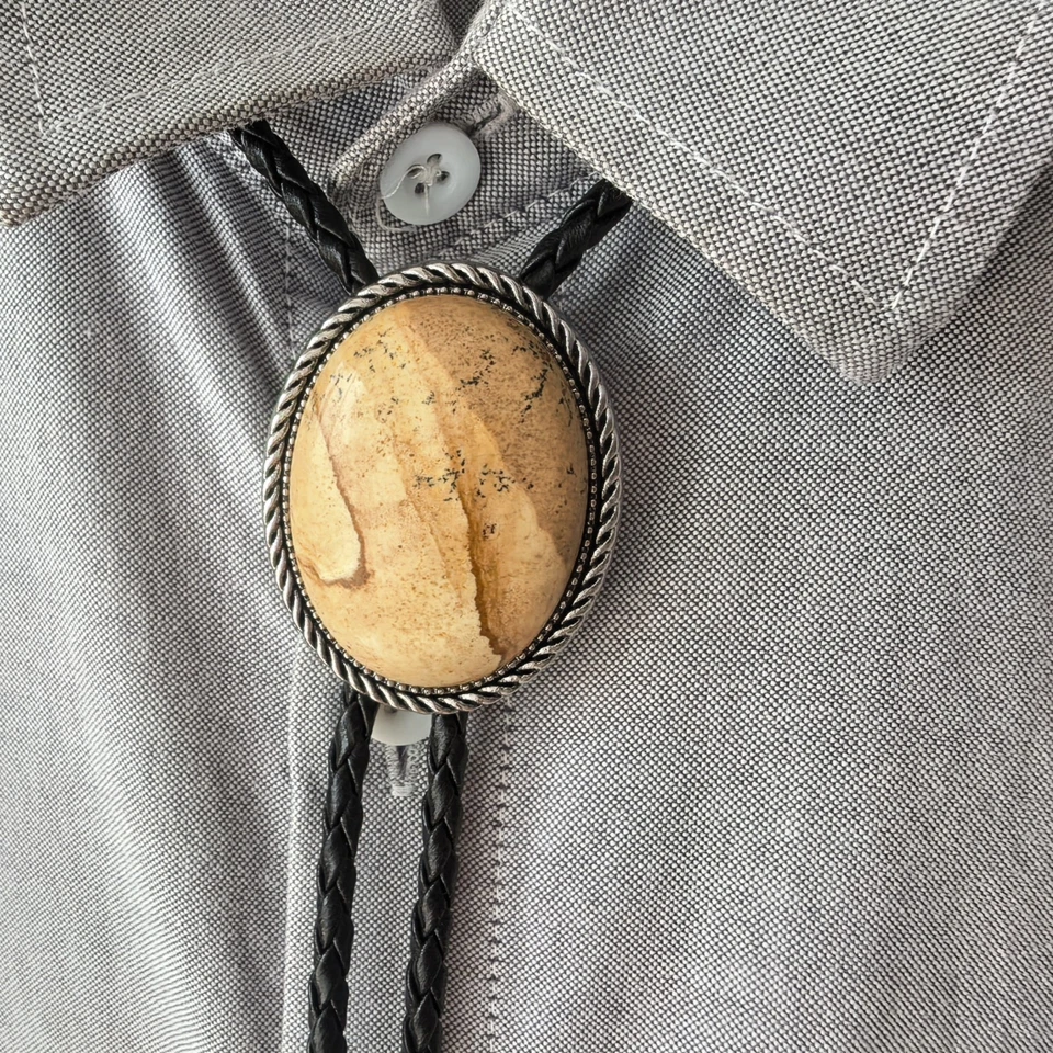 Collar de boda con corbata Bola Bolo de piedra arenisca 40" cuerda de cuero vaquero occidental Bolo Foto 2 de 4