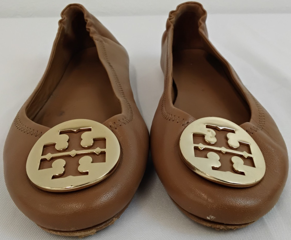 Tory Burch Reva Ballet Flats Women's 7 Brown Leather w/ Gold Elastic Back #Z5060 thumbnail 3