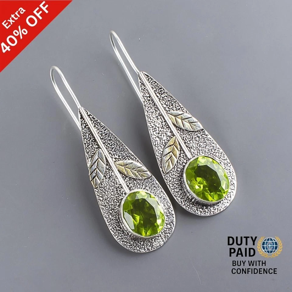 Black Friday Sale Sterling Silver PERIDOT Stone Drop Dangle New Earrings Jewelry - Image 3 of 4