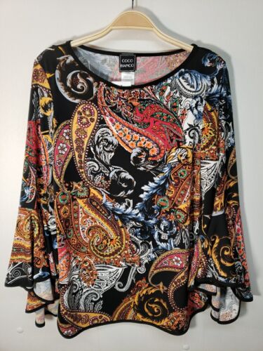 NWT Coco Bianco Top Women M Blouse Paisley Long Bell Sleeves Stretch Jersey Knit - Afbeelding 1 van 8