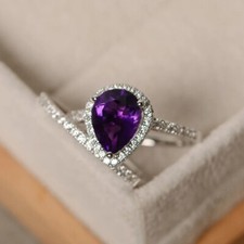 Natural Amethyst Proposal Halo Ring, Solid Sterling Silver, 2 Rings Set.