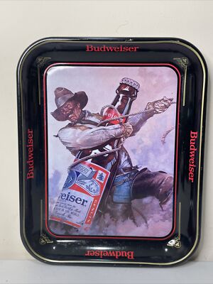 Vintage Budweiser Rectangular Beer Tray Cowboy Western Rodeo Black Red Gold